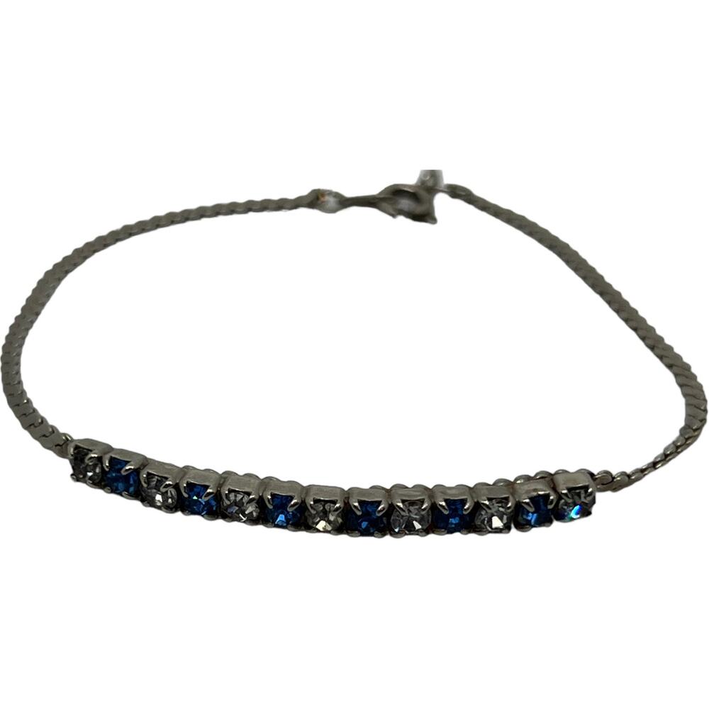 Blue White Crystal Tennis Bracelet Silver Chain Link Formal Elegant 7.5"